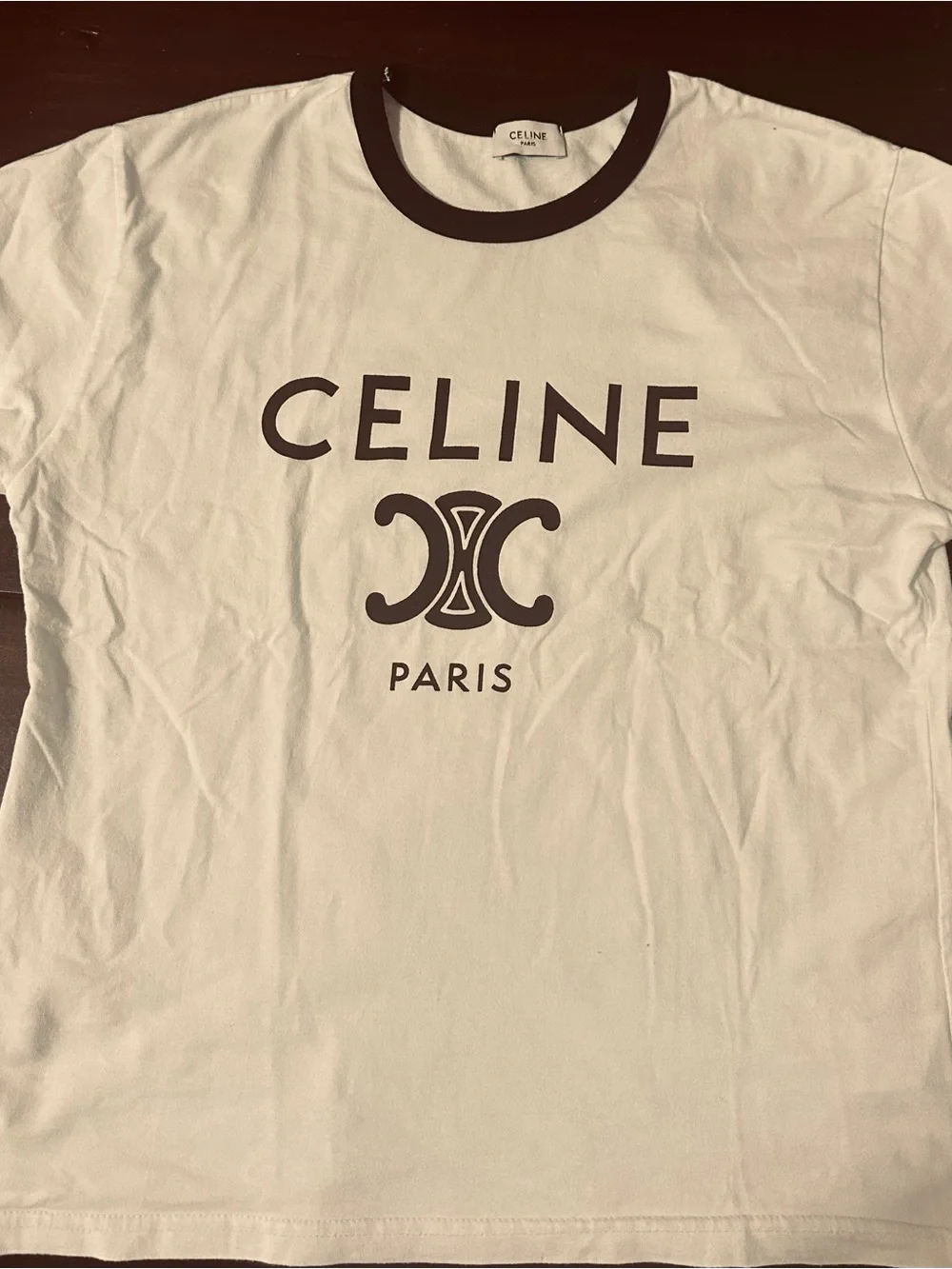 Celine White Short-Sleeve Tee with Black Logo Ringer